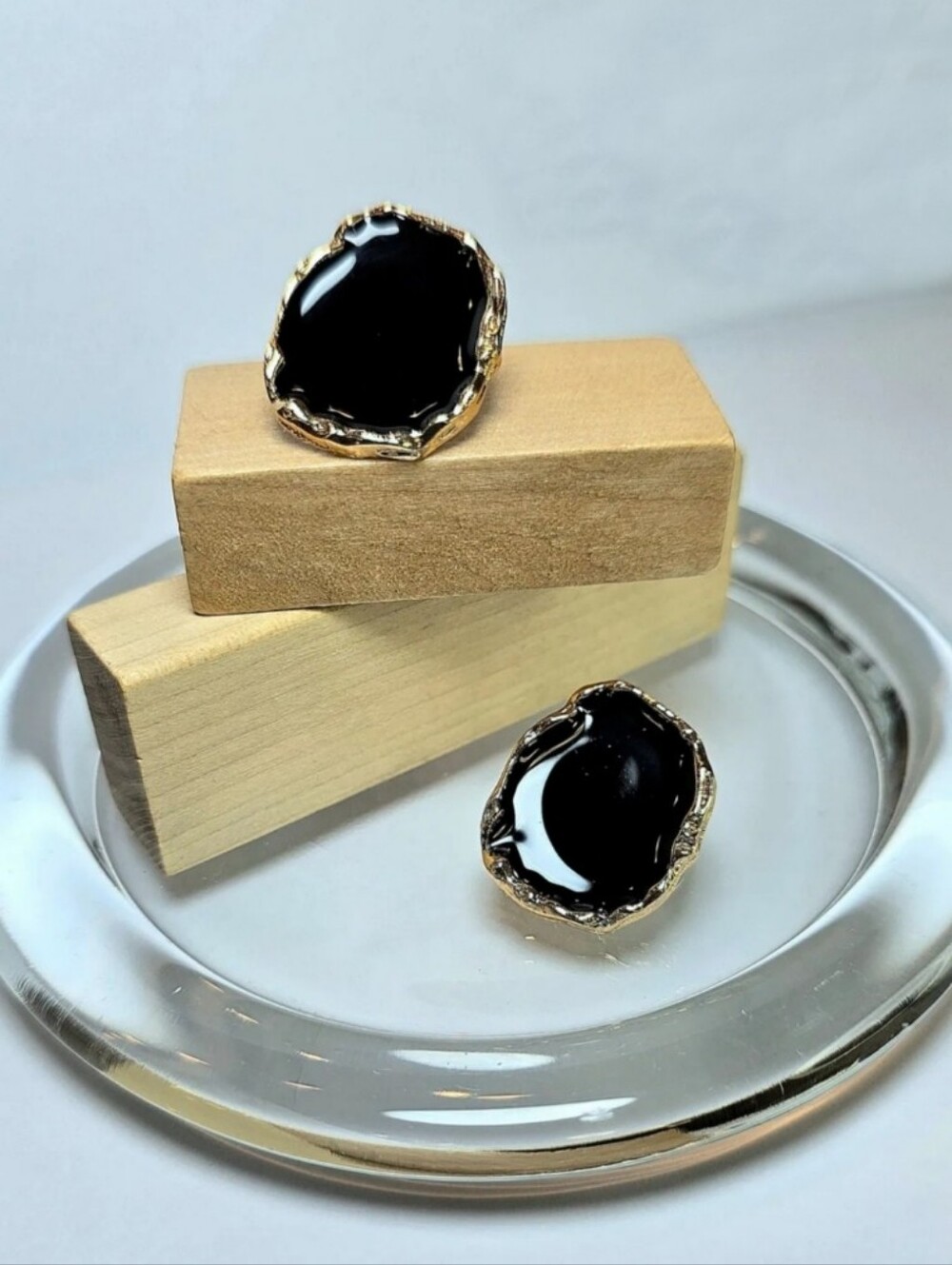 Oversized Modernist Chunky Gold With Black Enamel Earrings; NWOT